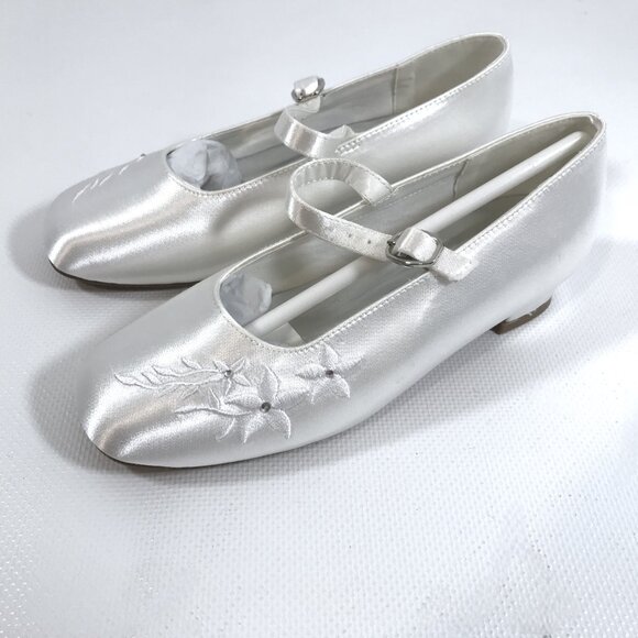 Girls Satin Shoes White 1.5 Communion Bridal Shoes Floral Rhinestone Ankle Strap - Picture 3 of 13